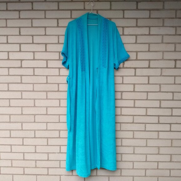 Vintage Housecoat Robe Wrap Front Blue Terrycloth Lace Size Medium Retro 70s 80s - Picture 1 of 8